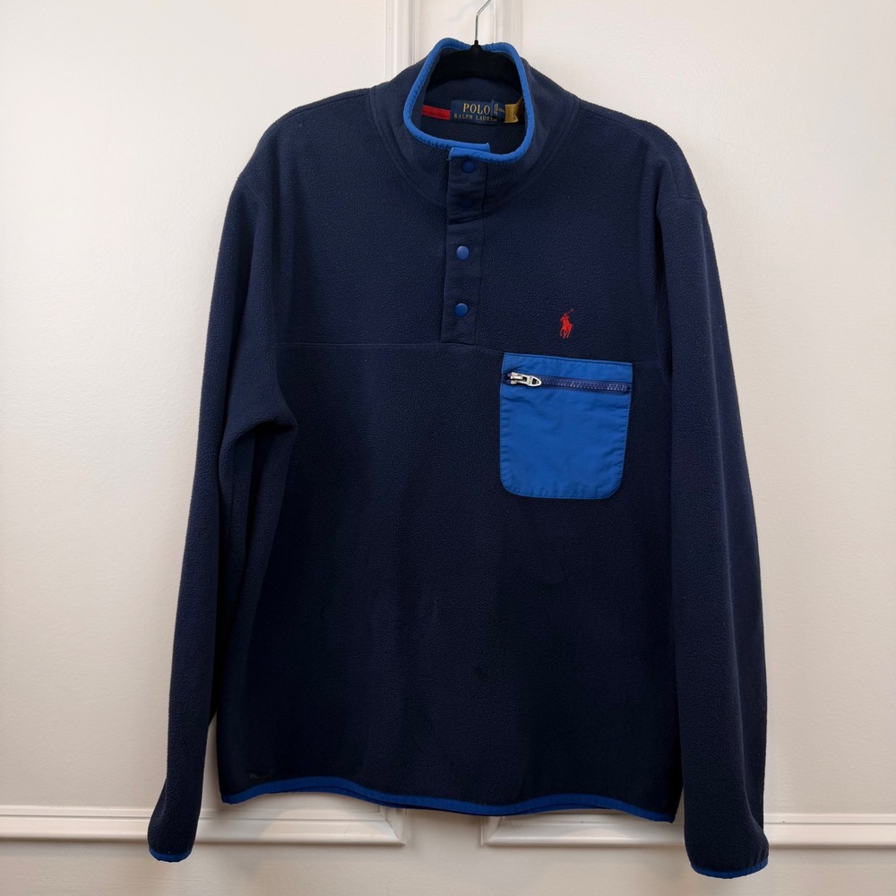 Polo Ralph Lauren Mens‎ Fleece Snap Pullover Navy Blue Red Pony Logo Size M